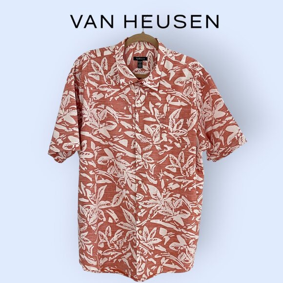 Van Heusen Cotton Mens Button Down Short Sleeve Hawaiian Party Casual Shirt - Picture 1 of 5